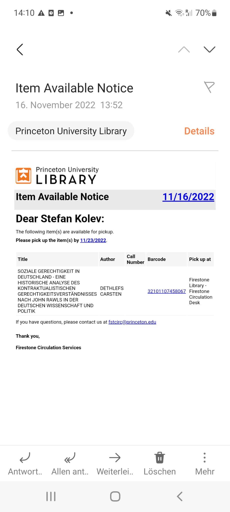 Screenshot: Buch "Soziale Gerechtigkeit in Deutschland" in Princeton University Library verfügbar, Foto: Stefan Kolev 16.11.2022